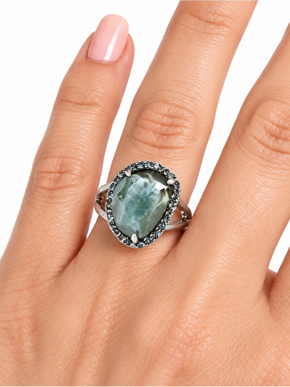 NEW - Sam Edelman Statement Cocktail Ring Moss Agate Gemstone & Rhinestone Halo